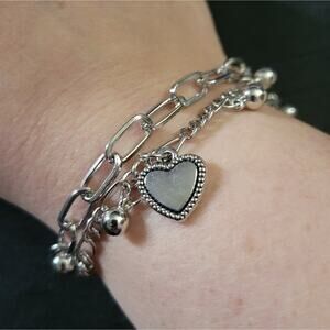 Silver Tone Layered Chain Bracelet With Heart Charms